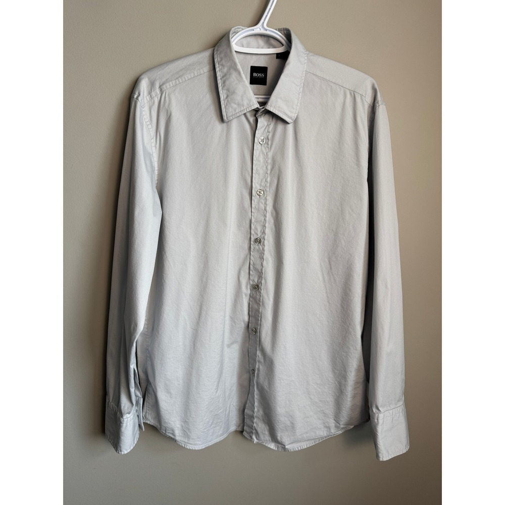 Hugo Boss Lucas‎ Mens Button Up Shirt Long Sleeve Light Gray Stretch L Preppy